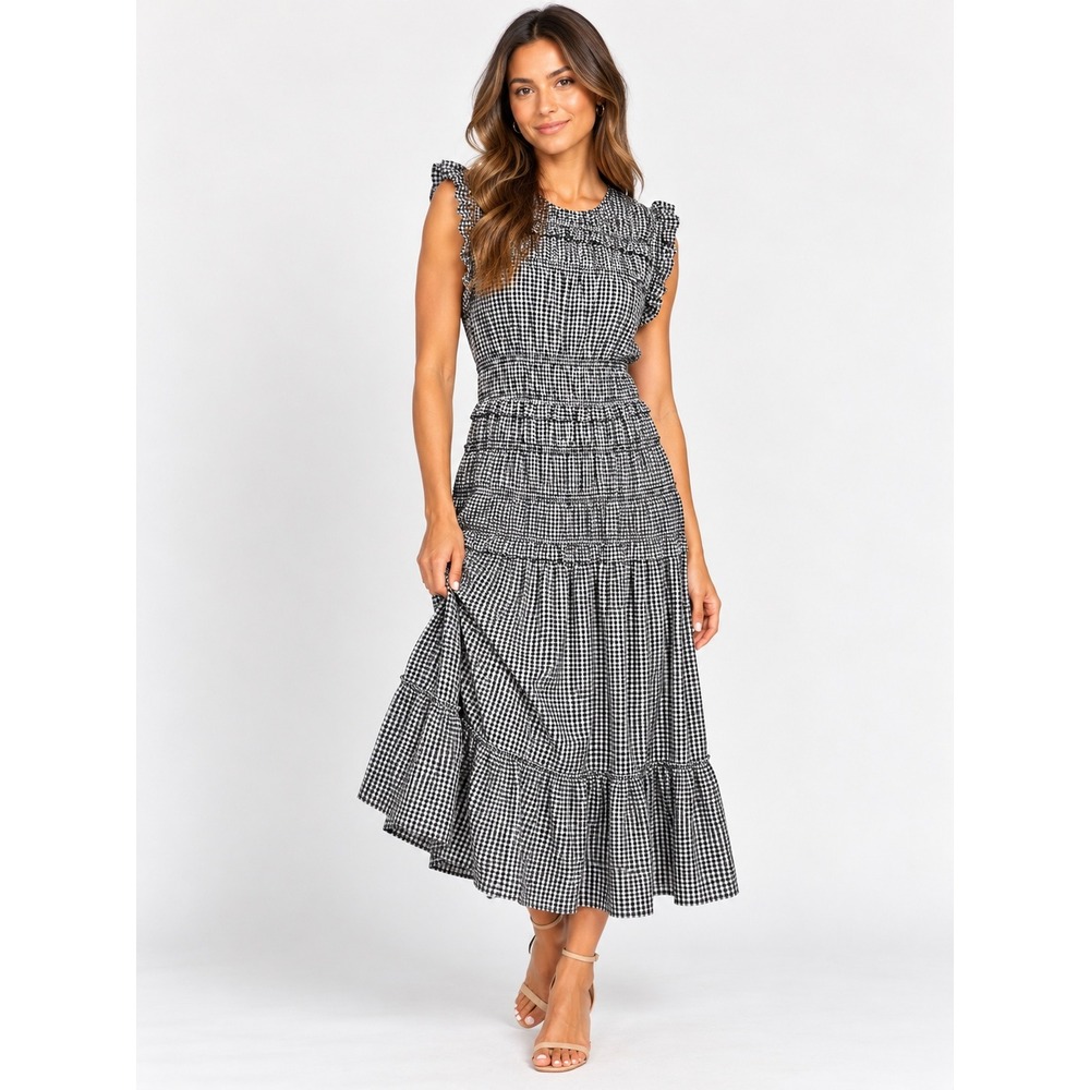NWT Caroline Constas Gingham Tiered Maxi Dress Ruffle Sleeve Large